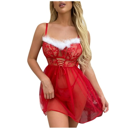 

JeashCHAT Sexy Lingerie for Women Naughty for Sex Play Christmas Women Plush Hollow Out Bandage Christmas Lingerie Sets Temptation Babydoll Underpants Underwear Cami Underdress Sleepwear