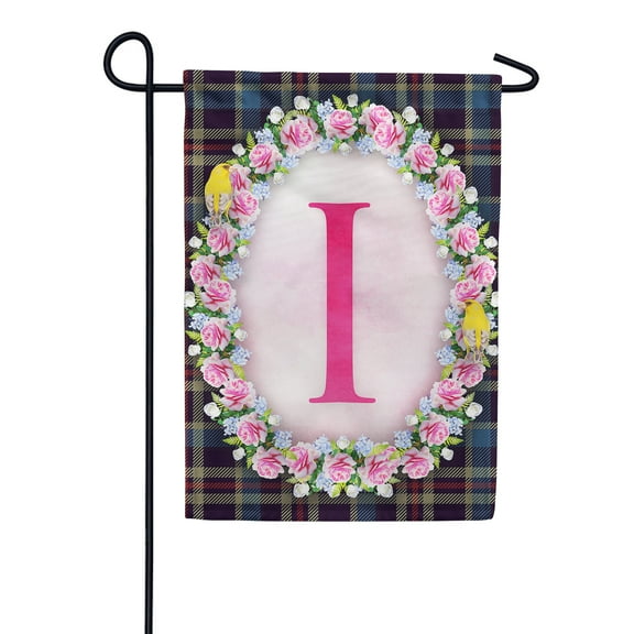 America Forever Spring Monogram Garden Flag Letter I 12.5 x 18 inches Double Sided Vertical Outdoor, Yard, Lawn, Seasonal Decorative Yellow Flowers, Pink Rose, Floral Wreath Garden Flag