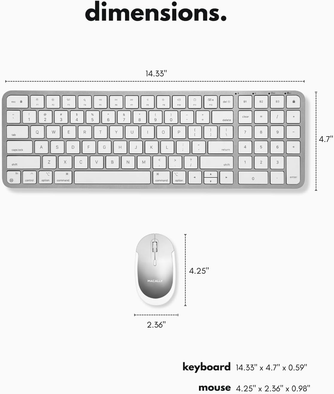 Macally Bluetooth Mac Keyboard and Mouse - Compact (2 Zone) Wireless Apple Keyboard and Mouse Combo with Number Pad - Multi Device, Rechargeable -  for Mac, MacBook Pro/Air, iPad, iPhone - Silver