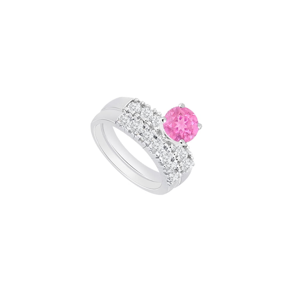 14K White Gold Created Pink Sapphire and Cubic Zirconia Engagement Ring with Wedding Band Set 1. by Love Bright