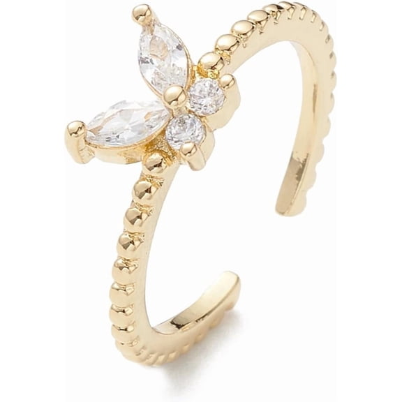 2Pcs Real 16K Gold Plated Butterfly Clear Cubic Zirconia Cuff Ring Open Ring Jewelry for Women 1.3mm ID: 17mm Gold
