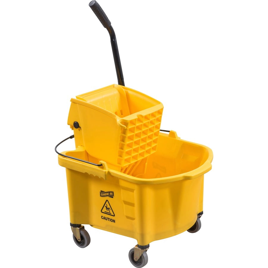Genuine Joe Splash Shield Mop Bucket/wringer - 26 Quart - Wringer, Caution Sign, Handle, Measurement Marking, Caster, Putty Knife Holder, Mop Stick Holder - Plastic, Metal - Black, Yellow - 1 Each
