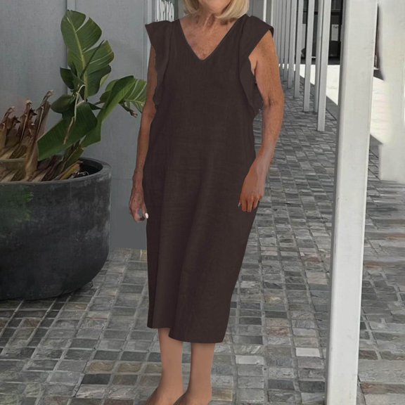 LYEAA Long Dresses for Women Plus Size Sleeveless Casual Elegant Loose A Line Tie Dress V Neck Solid Ruffle Fashion Flowy Modest Summer Beach Vacation Comfortable Dresses Black S