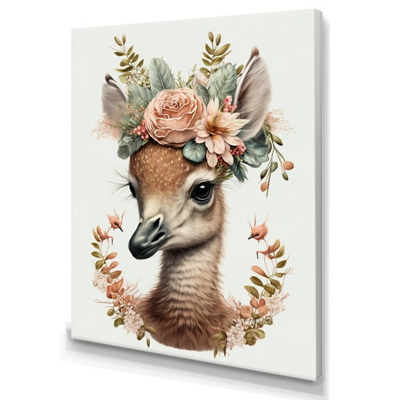 Designart Cute Baby Flamingo With Floral Crown Canvas Wall Art