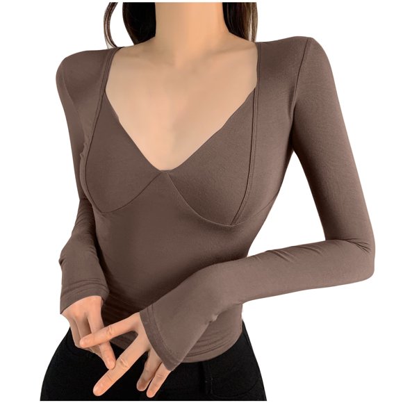 tarylea Going out Tops for Women Deep V Neck Slim Fitted Tops Long Sleeve Solid Color Shirts Casual Cute Tops