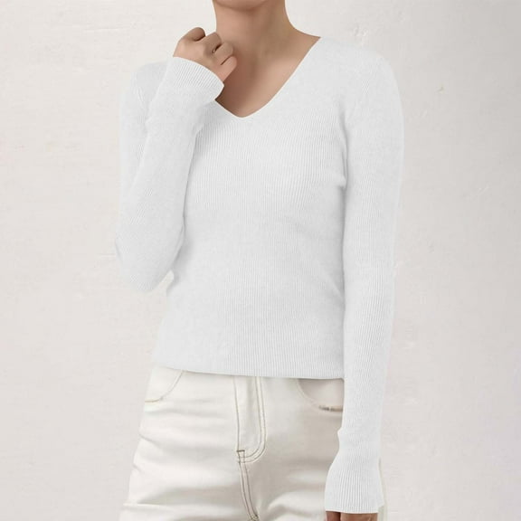 Women's V-Neck Ribbed Knit Pullover Sweater, Slim Fit Soft Stretchable Top for Fall Winter, Comfortable Casual Daily Wear, Versatile Layering Piece for Various Occasions White M