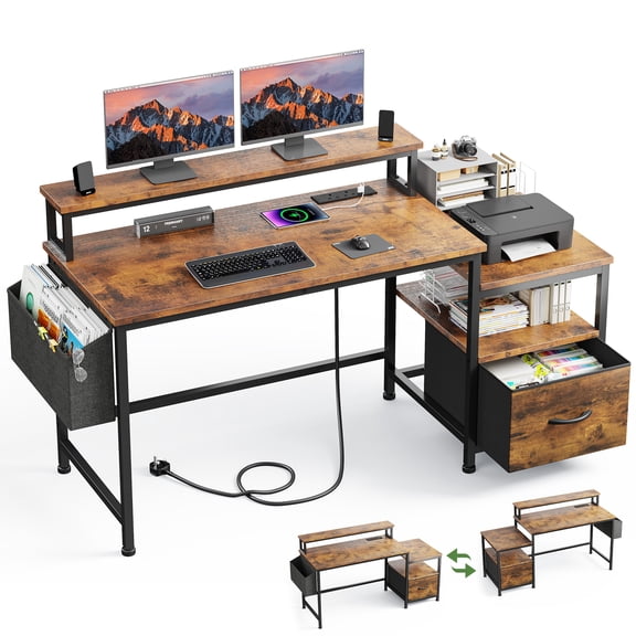 Exenoray 56.5" Computer Desk with Fabric File Drawers Cabinet, Reversible Home Office Desks with Power Outlets for Home Office, Rustic Brown
