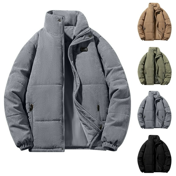 Miluxas Men's Cotton Corduroy Jackets Winter Fashion Solid Color Zipper Warm Parkas Windbreaker Long Sleeves Hooded Coat Outwear Khaki