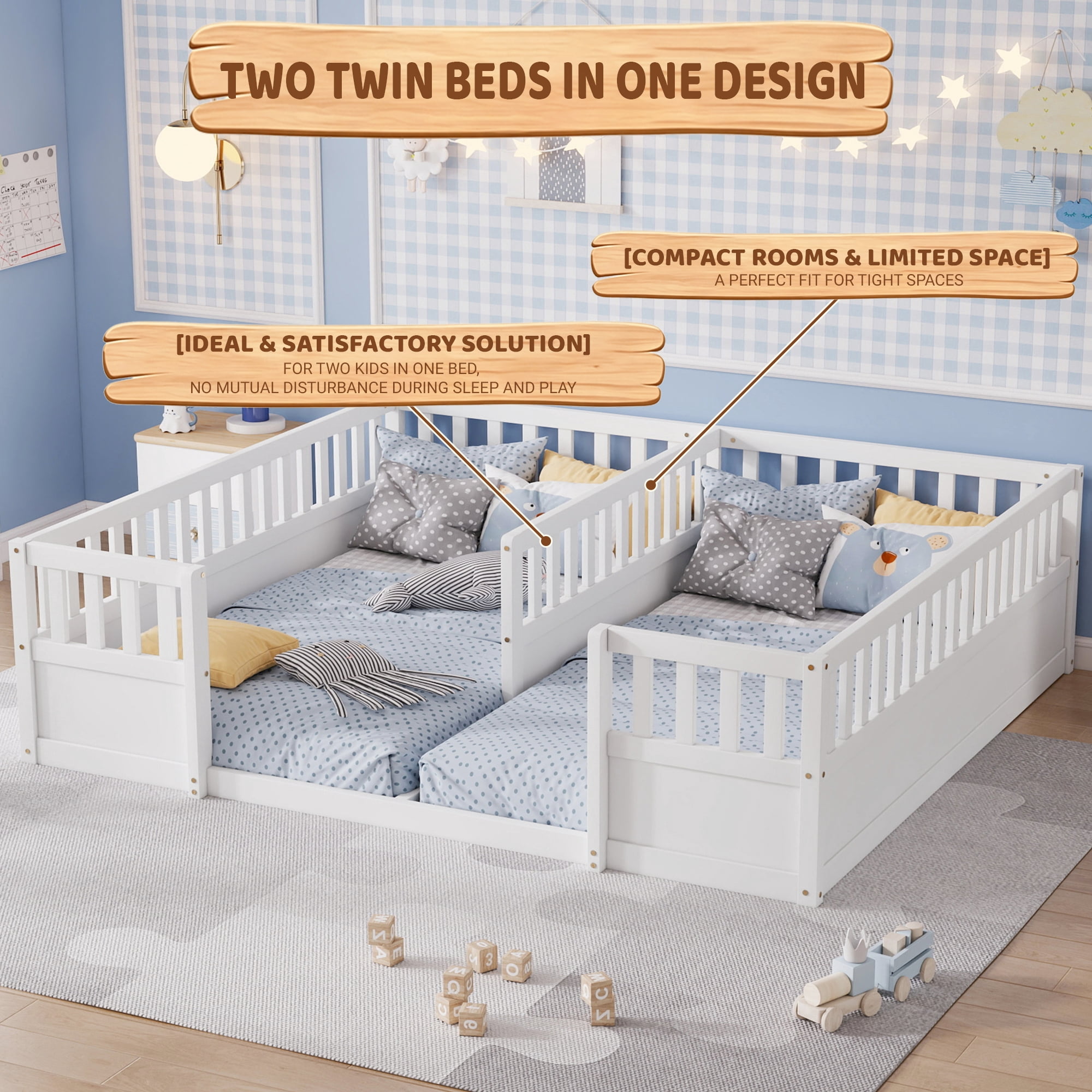 Double Twin Floor Bed 81.2 Inch, Pine Wood Bed Frame with Semi Enclosed Guardrails for Two Kids, White
