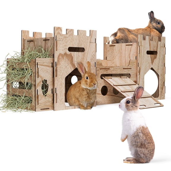HIIMALEX Extra Large Wooden Bunny Castle House Multistory Climbing Tower Hideout Ventilated Sturdy Habitat for Rabbit Guinea Pig Chinchilla Ferret (T1 Castle&Feeder)
