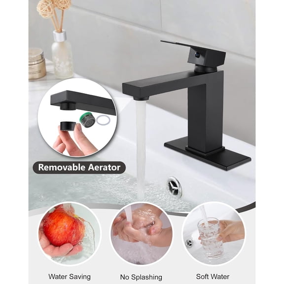 Bathroom Faucet 1 Hole, Single Handle Stainless Steel Bathroom Sink Faucet, Modern Vanity Faucets with Deck Plate,Water Supply Hoses and Pop Up Drain,Matte Black