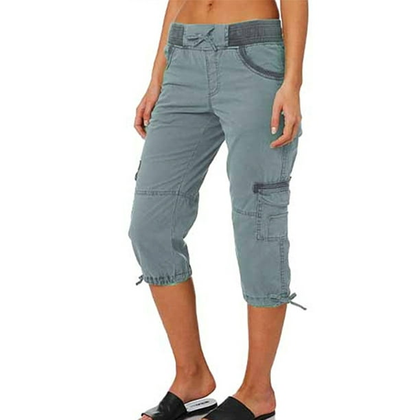 Bellella Women Capri Pants High Waisted Cargo Pant Solid Color Cropped  Trousers Lounge Drawstring Elastic Waist Bottoms Loungewear Grey Blue 3XL