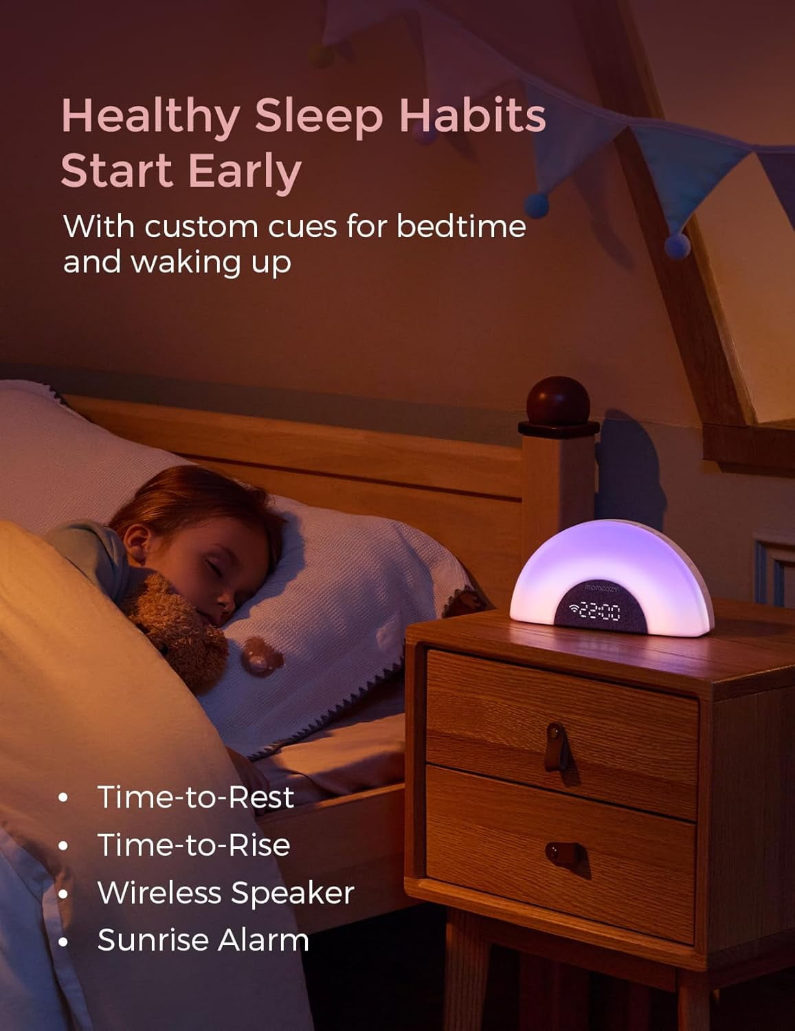 Momcozy DreamSync Tech™ Baby Sound Machine, Night Light, APP Control Baby Sleep Trainer, Routine Builder, White Noise Machine with 34 Soothing Sounds, Wake Up Light Sunrise Alarm Clock