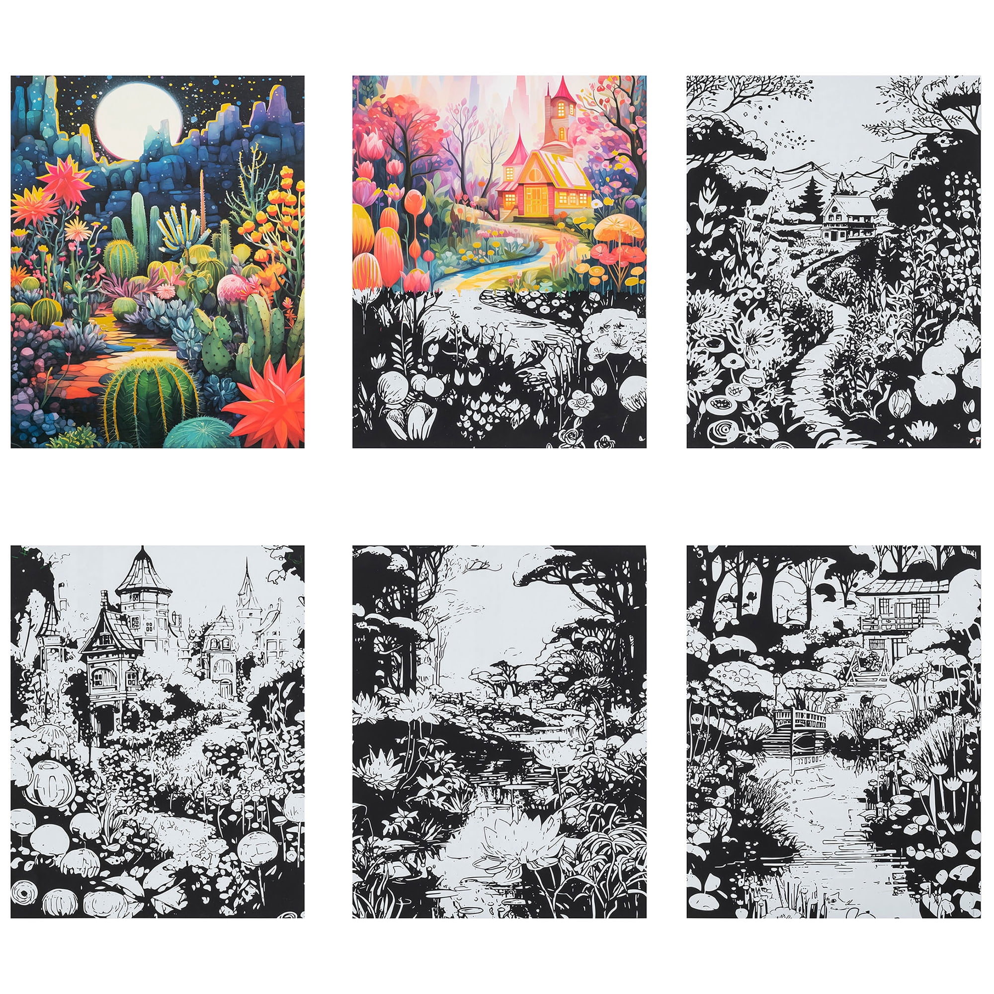 Brea Reese: Scratch Art Paper Pad - Magical Vistas - 12 Sheets, 6 Guided Designs, Metallic Accents, Dual-Tip Stylus & Brush, 8x8" Pages, Adult Craft