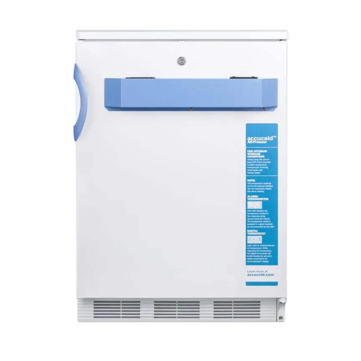 Built-in undercounter medical/scientific -25C capable all-freezer with front control panel equipped with a digital thermostat and NIST calibrated thermometer/alarm