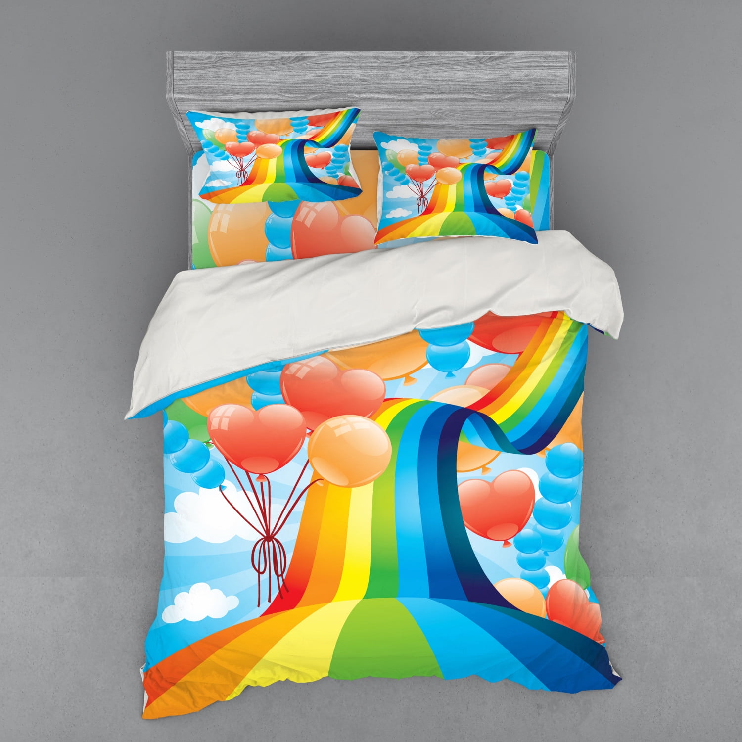 Download Cartoon Duvet Cover Set, Rainbow Sky with Balloons Hearts ...