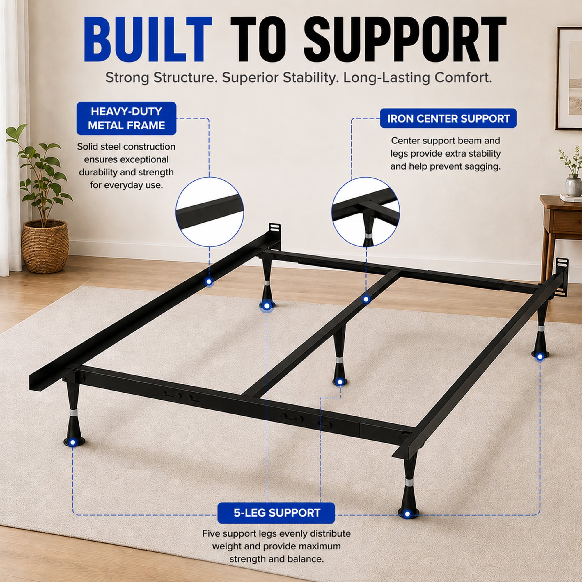 Continental Sleep, Advanced Metal Bed Frame for Box Spring and Mattress, Iron Center Support, Headboard Attachable, Noise-Free, Tool-Free Easy Assembly, 5-Legs Support, Queen, Black