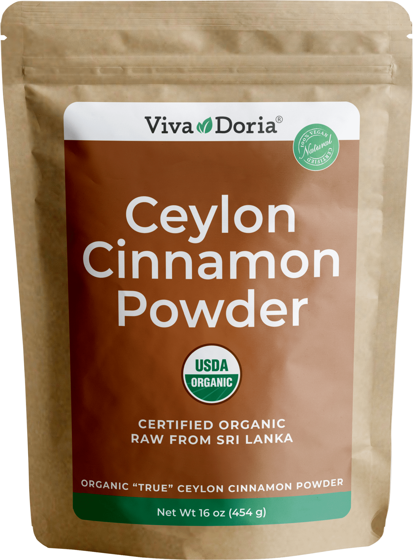 Viva Doria Organic Ceylon Cinnamon Powder | Organic Ground Cinnamon Powder | 100% Raw from Sri Lanka |16 Oz (454 g) Resealable Kraft Bag