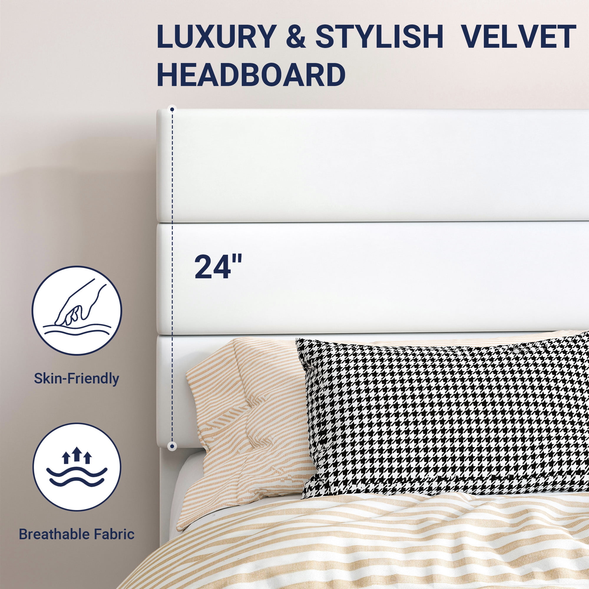Sifurni Queen Size Platform Bed Frame with Velvet Upholstered Headboard, Easy Assembly, No Box Spring Needed, White