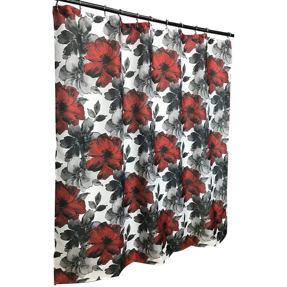 Serafina Home Romantic Goth Shower Curtain: Watercolor Floral Design, Deep Red Charcoal Black White