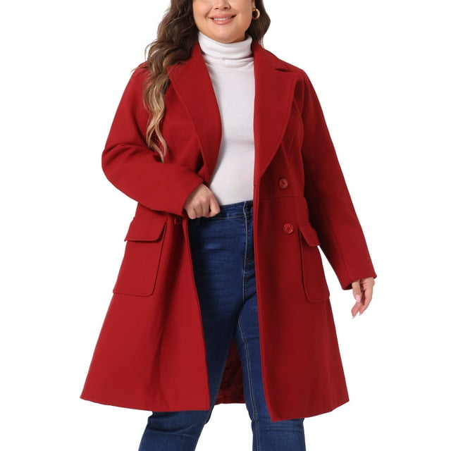 Abrigos largos de invierno de talla grande para mujeres Agnes Orinda para el Día de San Patricio, con solapa de muesca, de doble botonadura, tipo trench 1X rojo oscuro
