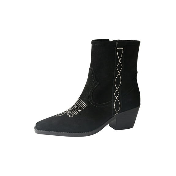 TMA EYES Women's Western Cowboy Boots Chunky Heel and Retro Embroidered Suede Mid-Calf Boots