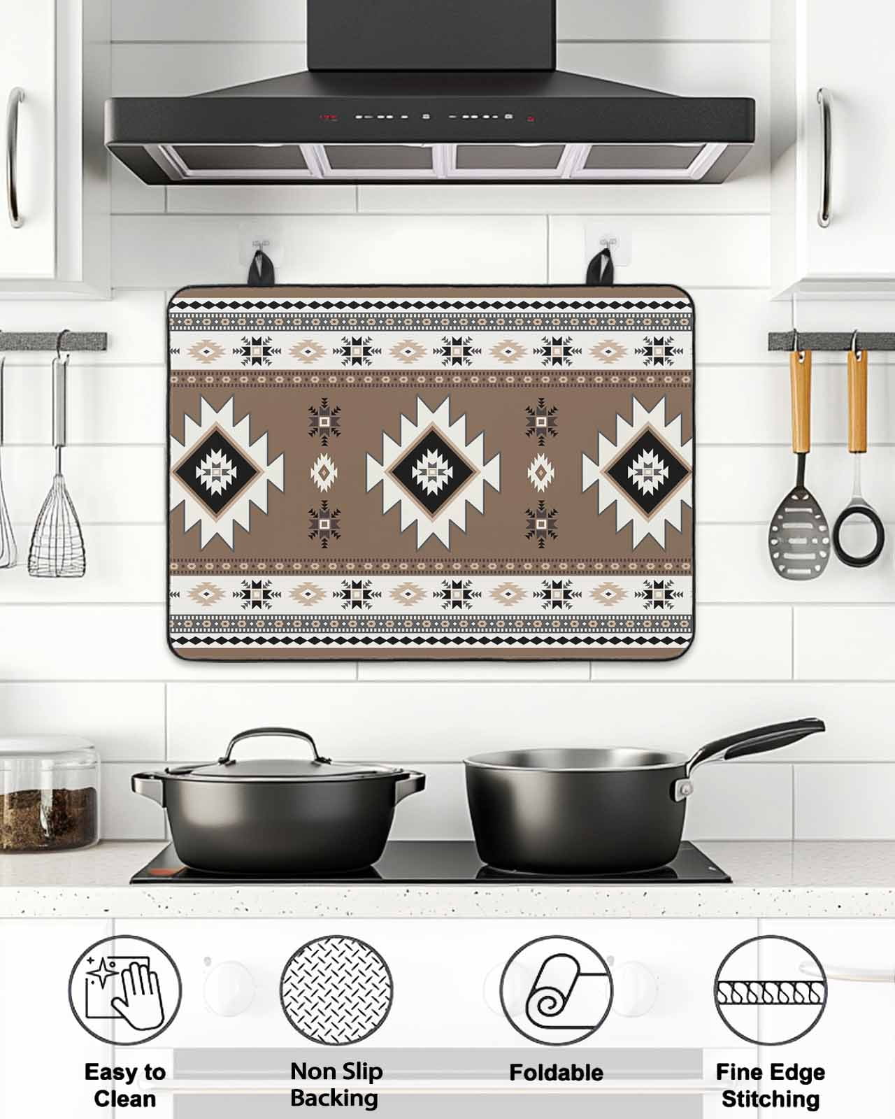 Stove Top Covers for Electric Stove, Brown Boho Glass Stovetop Cover Protector, Farmhouse Aztec Southwest Ethnic Geometric Induction Cooktop Protector Oven Mat for Kitchen Countertop 28.5"x20.5"