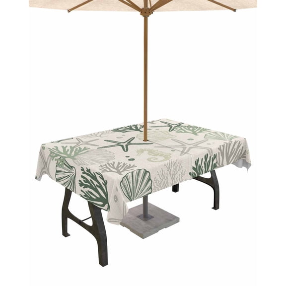 Fsddascl Green Coastal Outdoor Tablecloth - 60x120 Inch Rectangle Dining Table Cover, Ocean Coral Starfish Seahorse Farmhouse Waterproof Outdoor Table Cloth with Umbrella Hole & Zipper for Patio