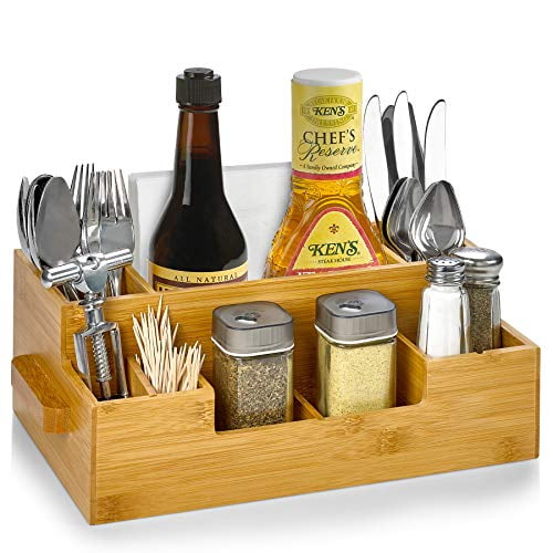 Bamboo Utensil Holder Wooden Caddy Set , Silverware Flatware Beer Tray