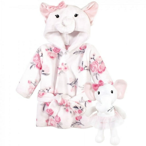 Hudson Baby Infant Girl Plush Bathrobe and Toy Set, White Elephant, One Size