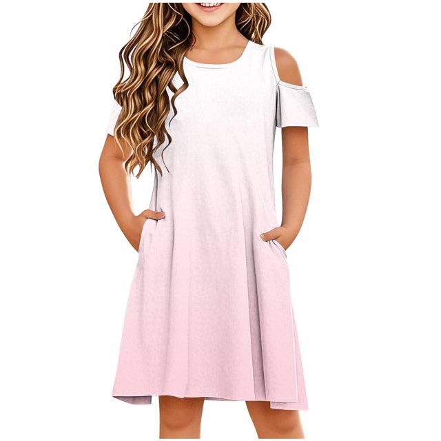 Swstbby Liquidation d'Économies d'Été 2025! Robe d'Été pour Filles, Robe Sans Manches Extensible pour Filles, Robe Trapèze Tournoyante Style Patineuse pour Récital d'École, Robe à Manches Courtes à Col Rond Rose 11-12 Ans