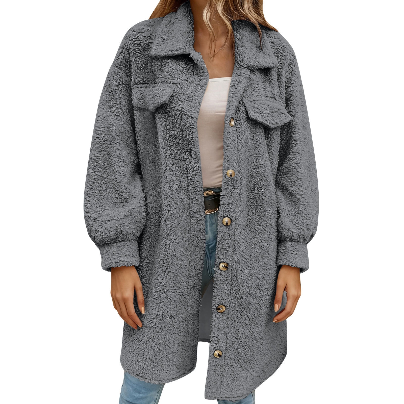 Lovzfmll Trench Coat for Women, Solid Color Button Front Plush