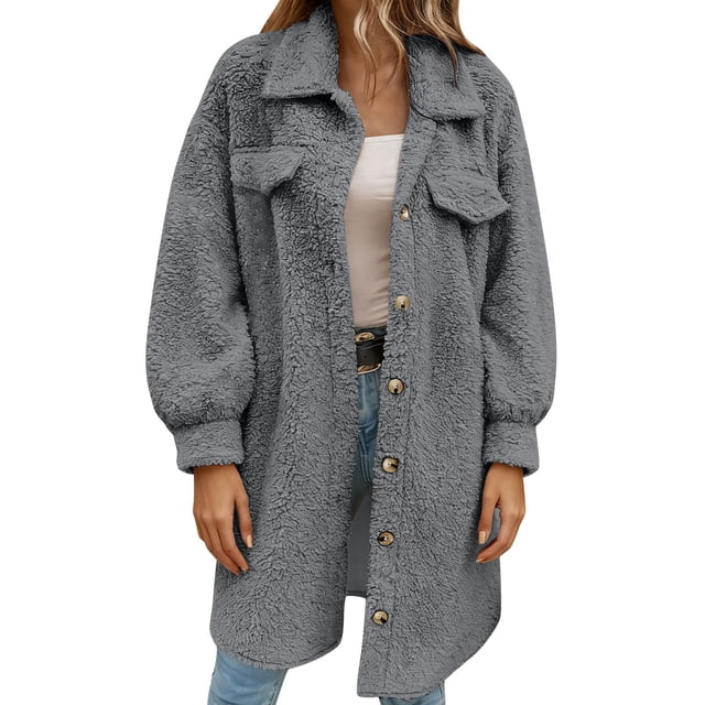 Wensltd Manteau en Peluche à Col à Revers pour Femmes Couleur Unie Bouton devant Décontracté Automne Hiver