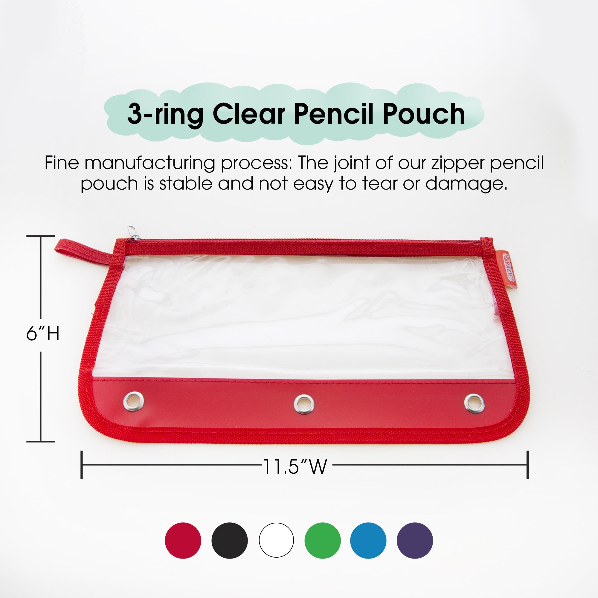 BAZIC 3 Ring Pencil Pouch, 11.5"x6.5" Clear Color, 24-Pack