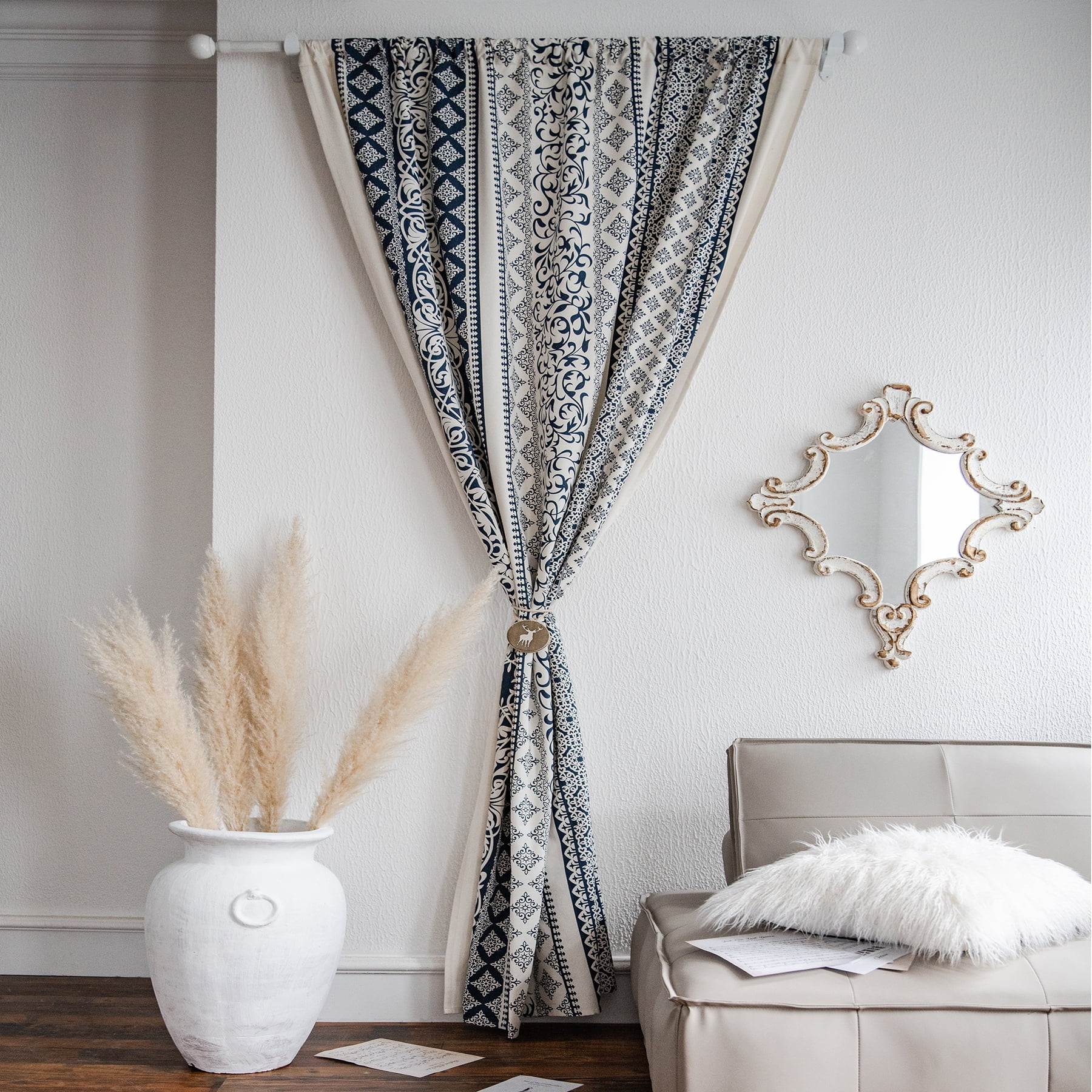 VOGOL Country Strip Printed Curtains, Rod Pocket Solid Window Treatments Drapes for Bedroom Office Decor, 1 Panel, Navy Blue and Beige, 59 x 79 Inches