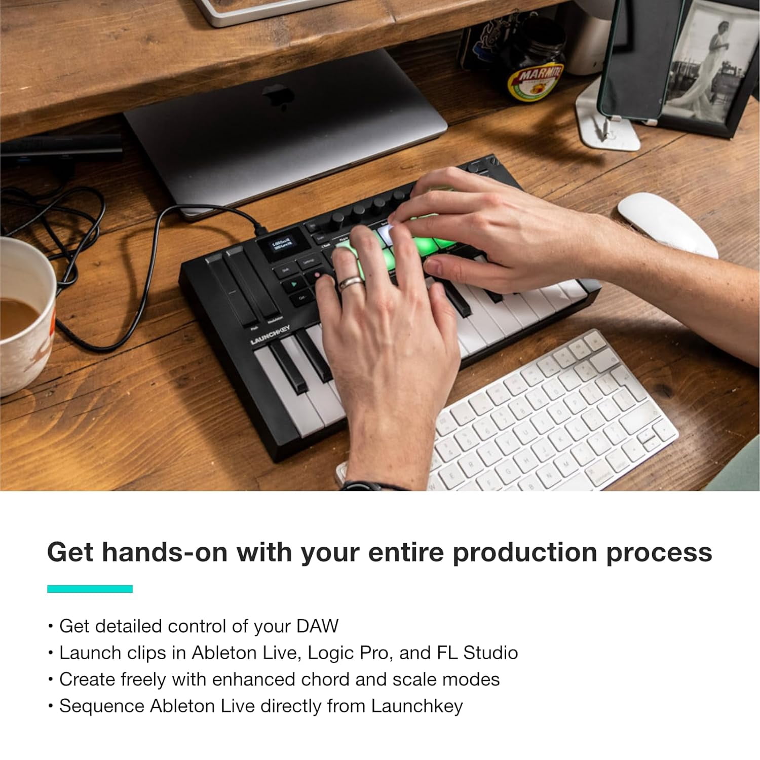 25-key MIDI sequencer keyboard controller with 16 RGB backlit drum pads and 8 knobs. Supports DAW and NKS integration, chord/scale modes. Includes software bundle.