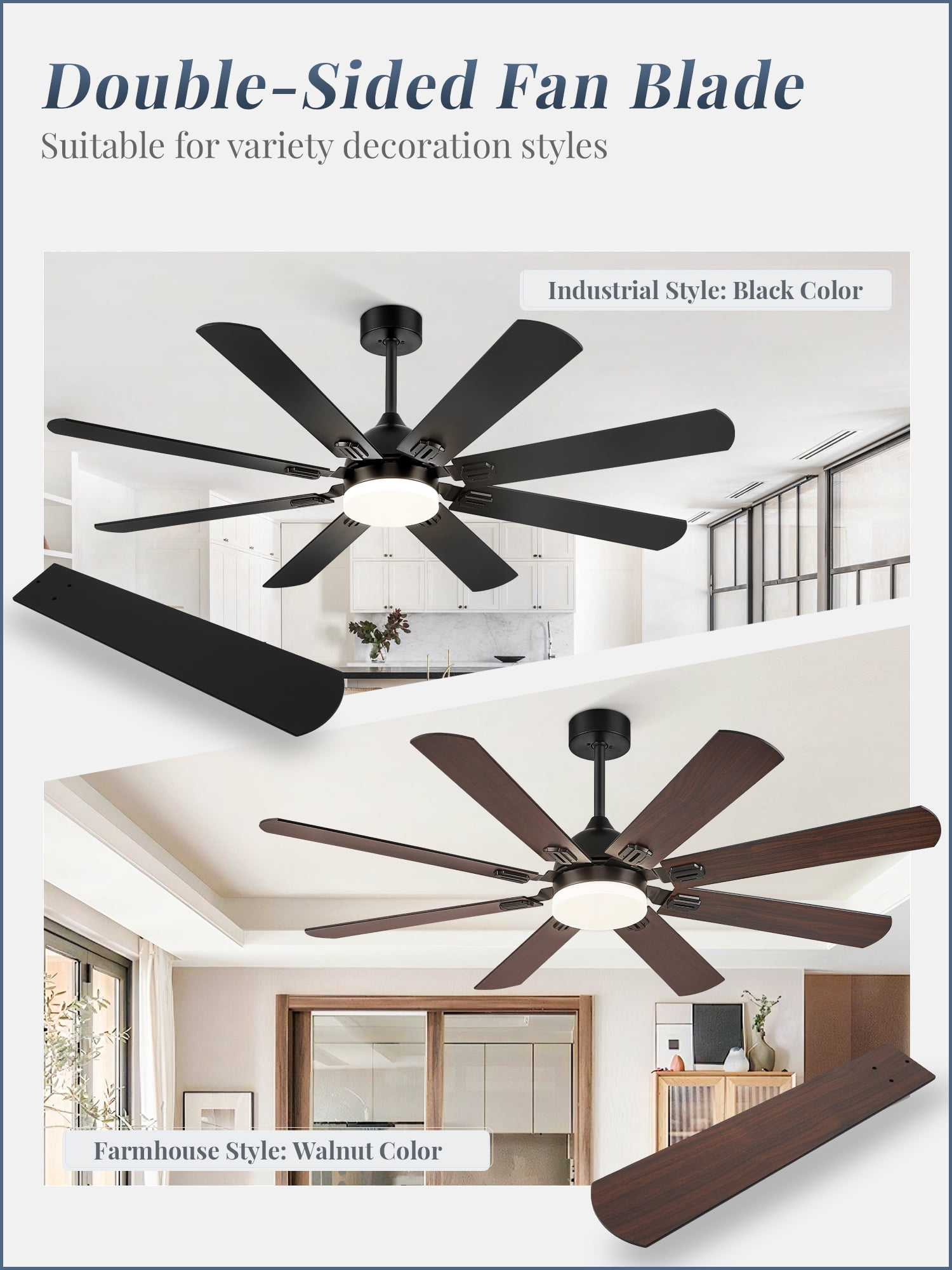 Zardon 62 in. Indoor Modern Ceiling Fan with Lights and Remote, Black, Dual-Finish, 8-Blade