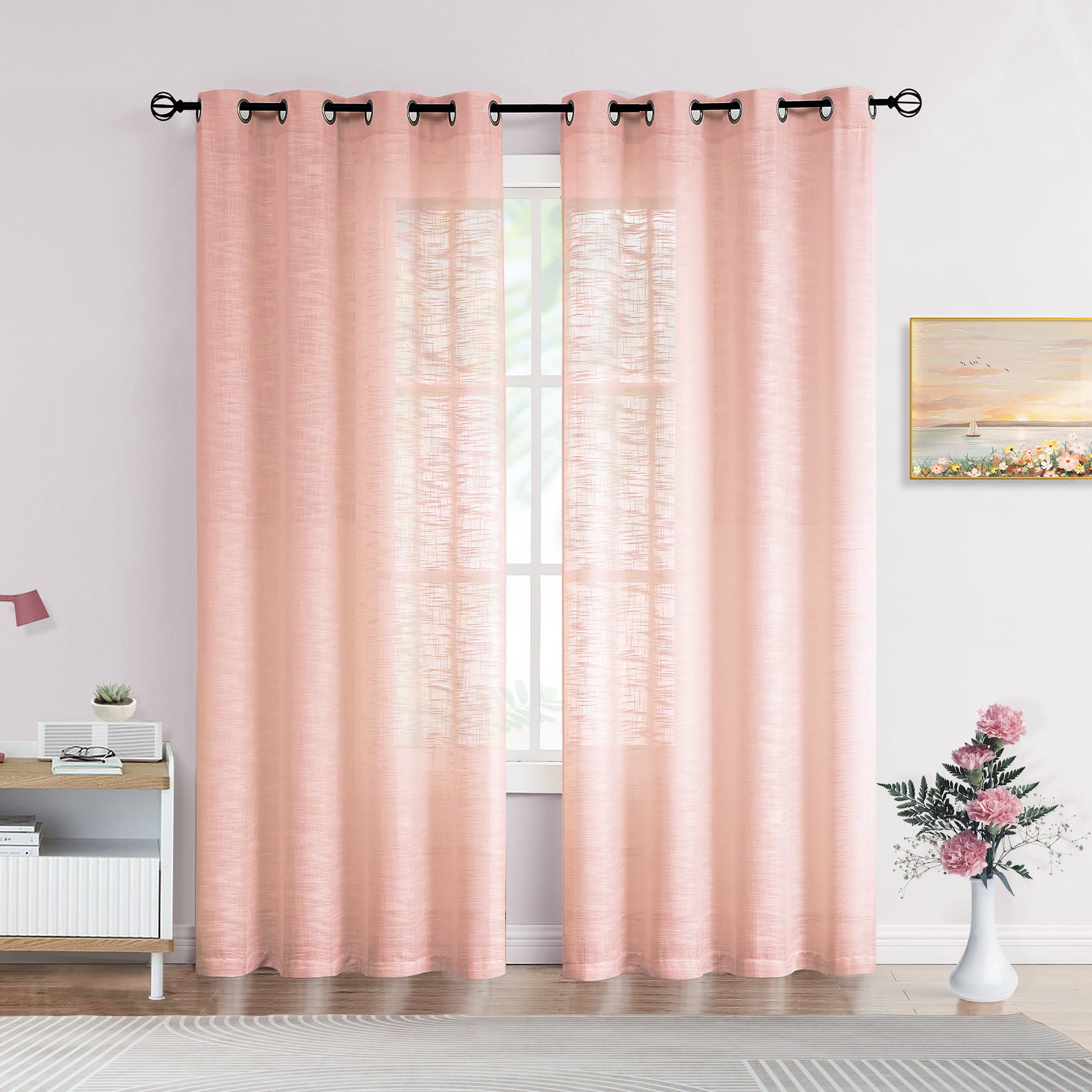 Decoultimatex Pink Sheer Curtains 63-inch Long Linen Textured Window ...