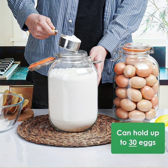 2pcs 1 Gallon Wide Mouth Glass Jars - Hinged Airtight Lids with Orange Rubber Gaskets, Including Replacement Silicone Seals for Fermenting, Canning & Food Storage