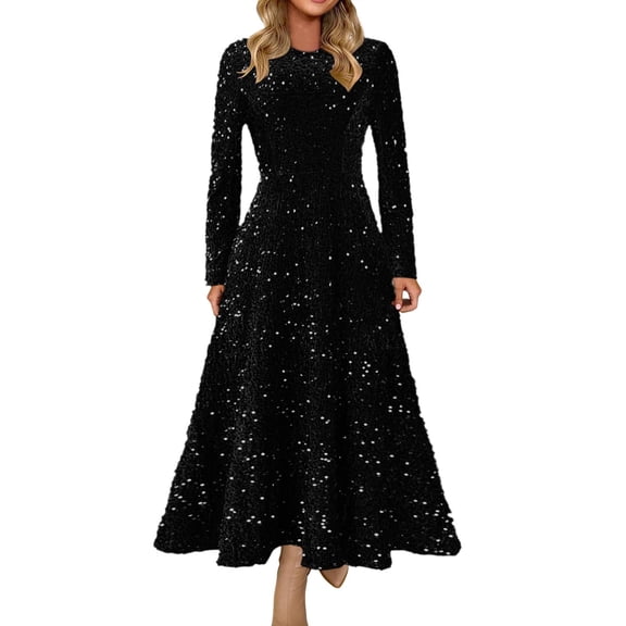 Wdgfv Women's Sparkling Sequin Dress Elegant Round Neck Long Sleeve Sequin High Waist Formal Evening Gown for Women