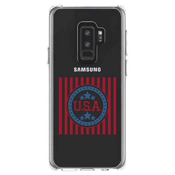 DistinctInk Clear Shockproof Hybrid Case for Samsung Galaxy S9  PLUS (6.2" Screen) - TPU Bumper Acrylic Back Tempered Glass Screen Protector - USA Banner Flag Red White & Blue