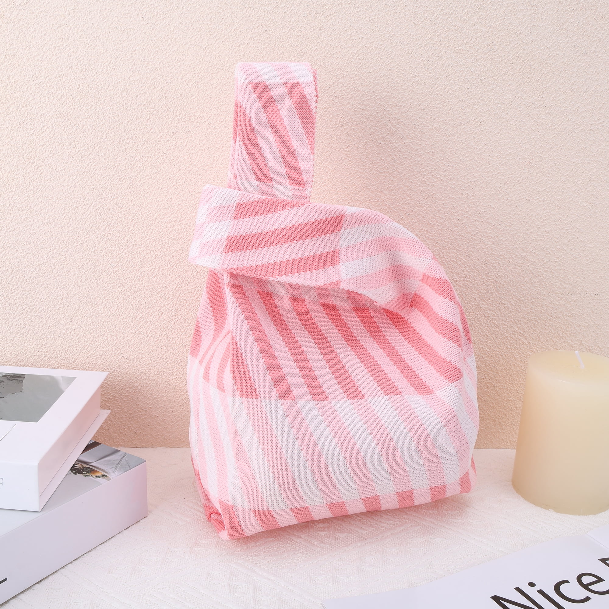 Unique Bargains Diagonal Stripes Knitted Wrist Bag Pink Beige 1 Pc