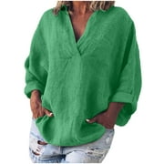 CZHJS Women's Comfy Plus Size Blouse Clearance Fashion V-Neck Solid Color Tops Casual Loose Vintage Clothing Long Sleeve Shirts Cotton Linen Fall Pullover 2023 Trendy Work Green M