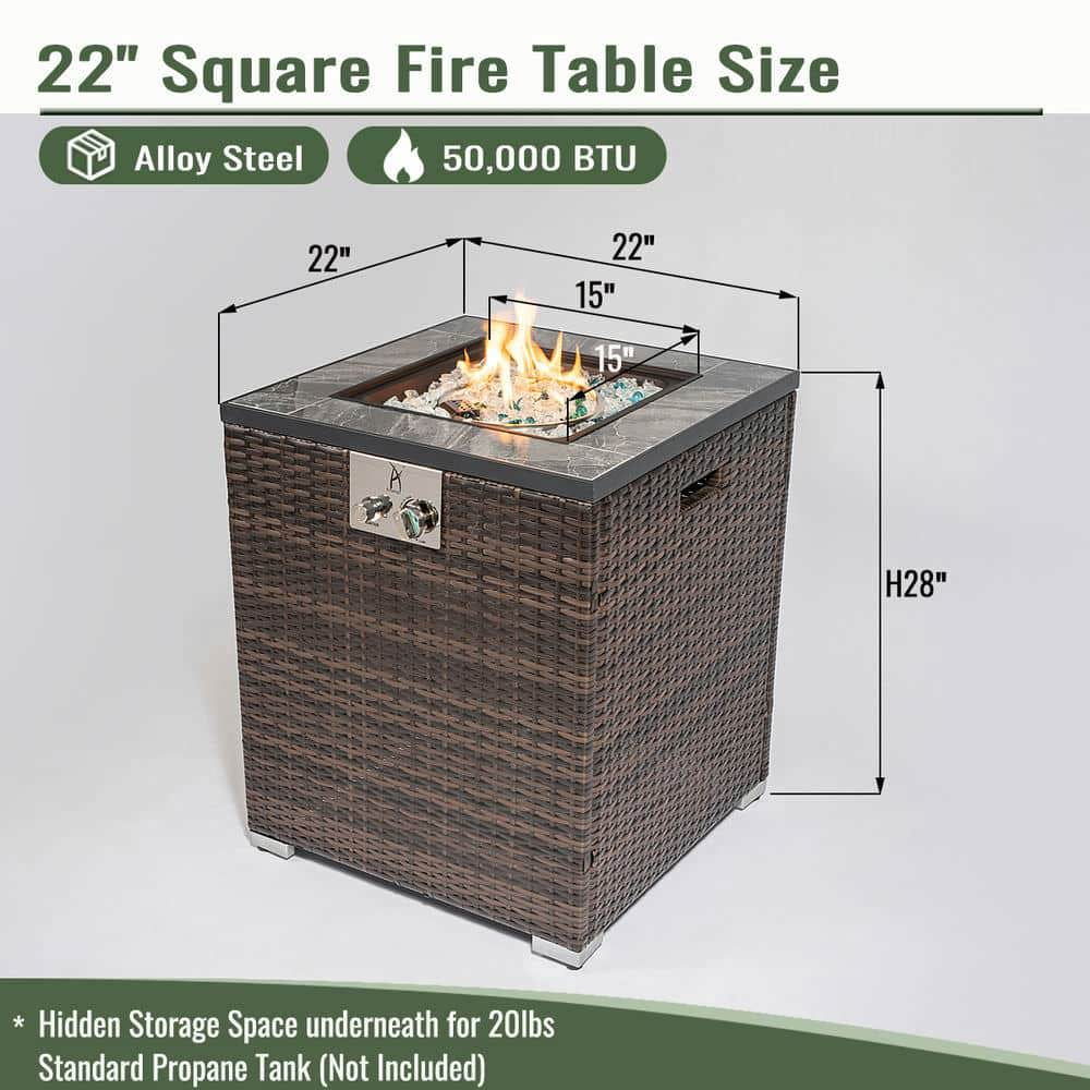 Spaco 24" Square Propane Gas Fire Pit Table, 50000 BTU Fire Pit with Tile Tabletop and Beautiful Wicker Base for Patio, Backyard, Brown