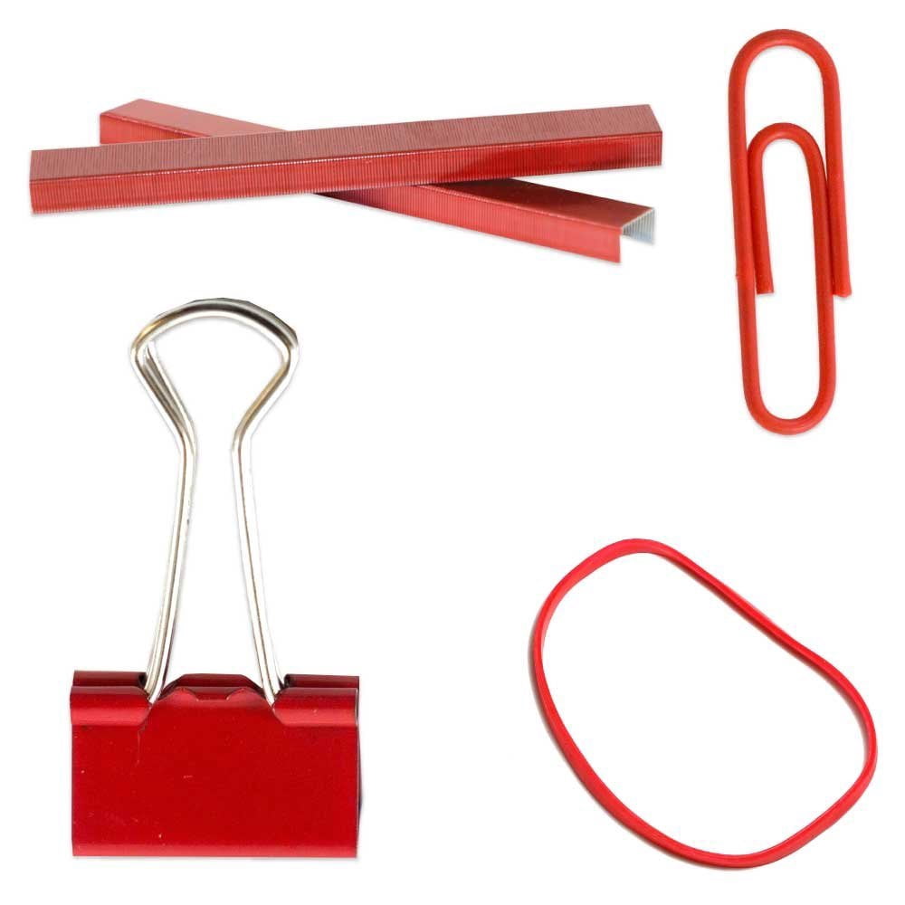 JAM Paper Desk Supply Set, Red, 1 Rubber Bands, 1 Staples, 1 Binder Clips & 1 Paper Clips, 4 Pack