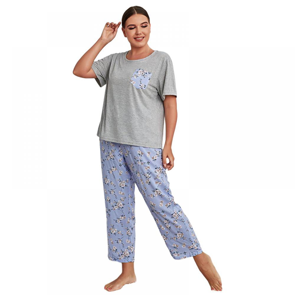 Women Plus Size Pajamas Set Plaid Lounge Pants V-Neck Short Sleeve ...