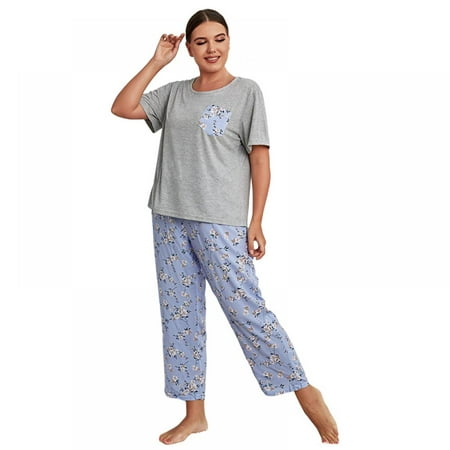 

Women Plus Size Pajamas Set Crew Neck Short Sleeve T-Shirt & Floral Long Pants Two Piece Sleepwear Pjs Sets Loungewear