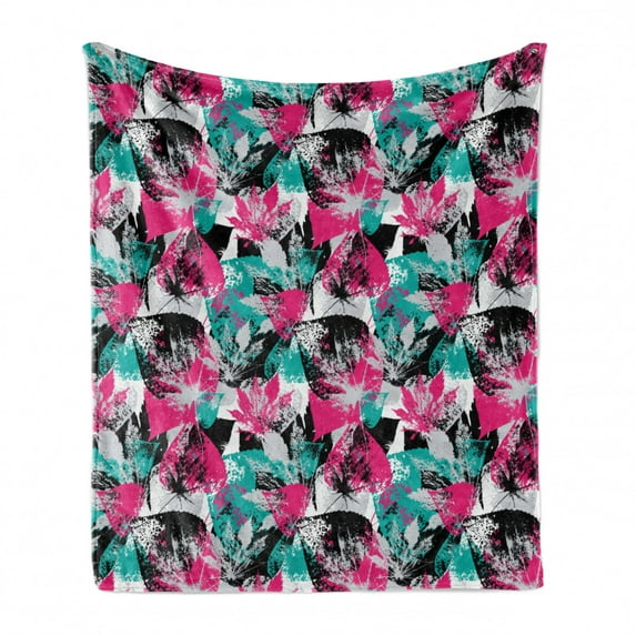 Grunge Soft Flannel Fleece Blanket, Abstract Leaves with Various Designs Nature Ornamental Blossoming Earth, Cozy Plush for Indoor and Outdoor Use, 50" x 70", Hot Pink Seafoam Black, by Ambesonne