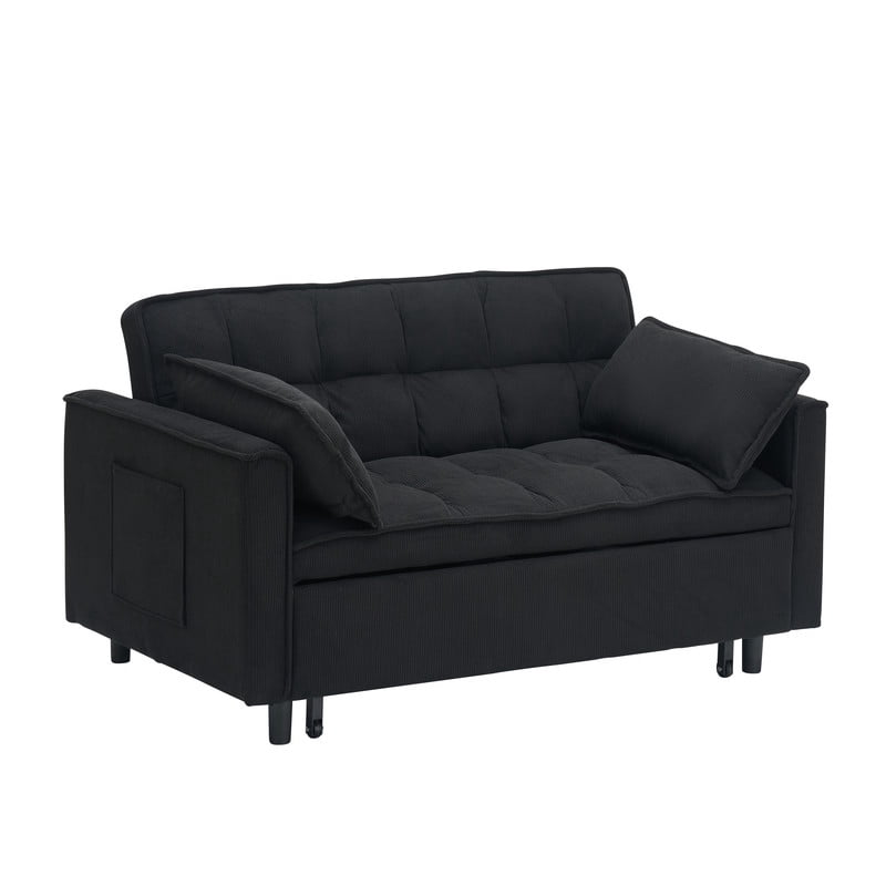54.3" Corduroy Modular Sectional Sleeper Sofa,Loveseat with Pull Out Bed, Black – Space-Saving Couch for Living Room, Guest Bed, Apartment