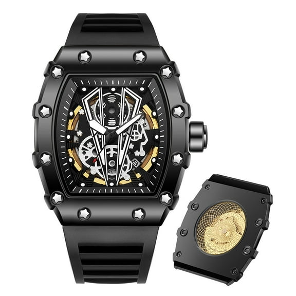 Men's Automatic Watch Mechanical Tonneau Luxury Skeleton Watches for Men 30M Waterproof Analogue Work Mens Wrist Watch Unique Cool Design Square Big Face Wristwatch